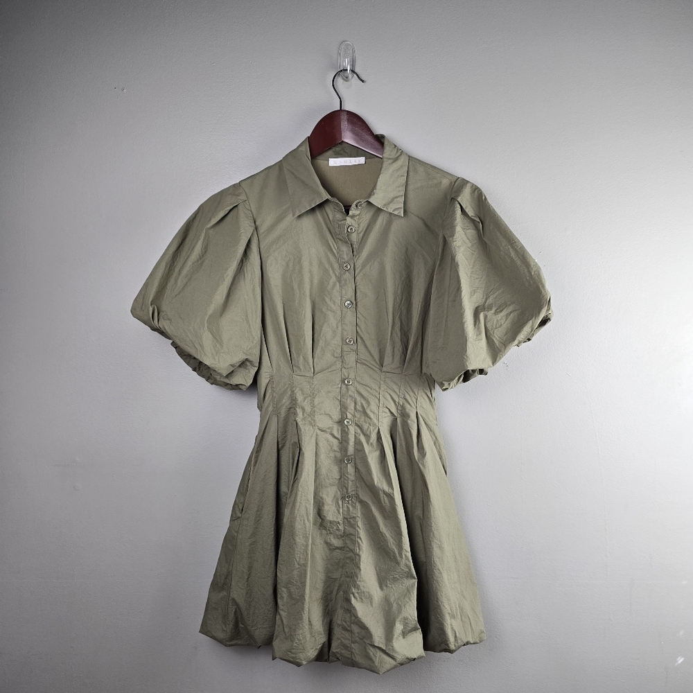 Karlie Solid Pleat Bubble Hem Mini Shirt Dress Button Up Olive Green Womens Sz S - Picture 4 of 15